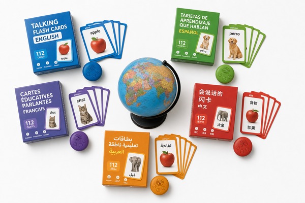 Multi-language talking flash cards for global markets worldwide