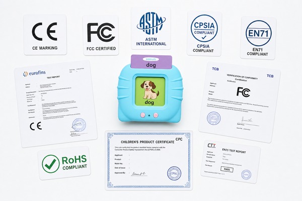 International toy safety certifications CE FCC ASTM CPSIA EN71 RoHS for talking flash cards
