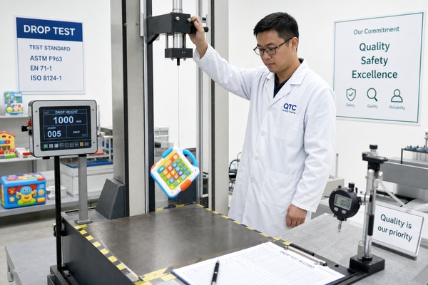 Quality control drop test for children educational toy in factory laboratory
