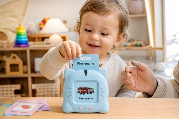 Child using talking flash card machine for speech therapy