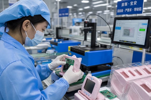 Toyvao factory assembly line for educational talking flash card machines