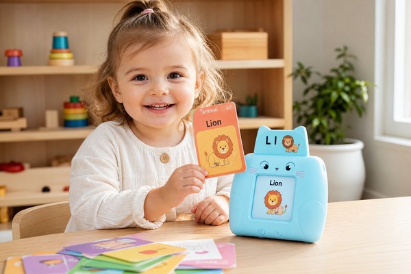 Child using talking flash card machine for early education