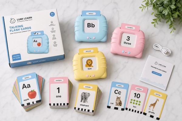 Talking flash card product lineup with custom packaging