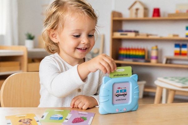 Toddler using a talking flashcard machine for Amazon FBA private label educational toy