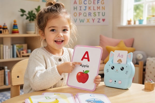 Child learning phonics with talking flash card machine