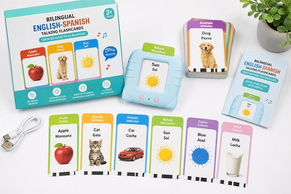 Bilingual English-Spanish talking flash cards product set