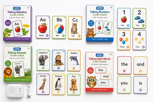 Variety of talking flash card themes: alphabet, numbers, animals, sight words