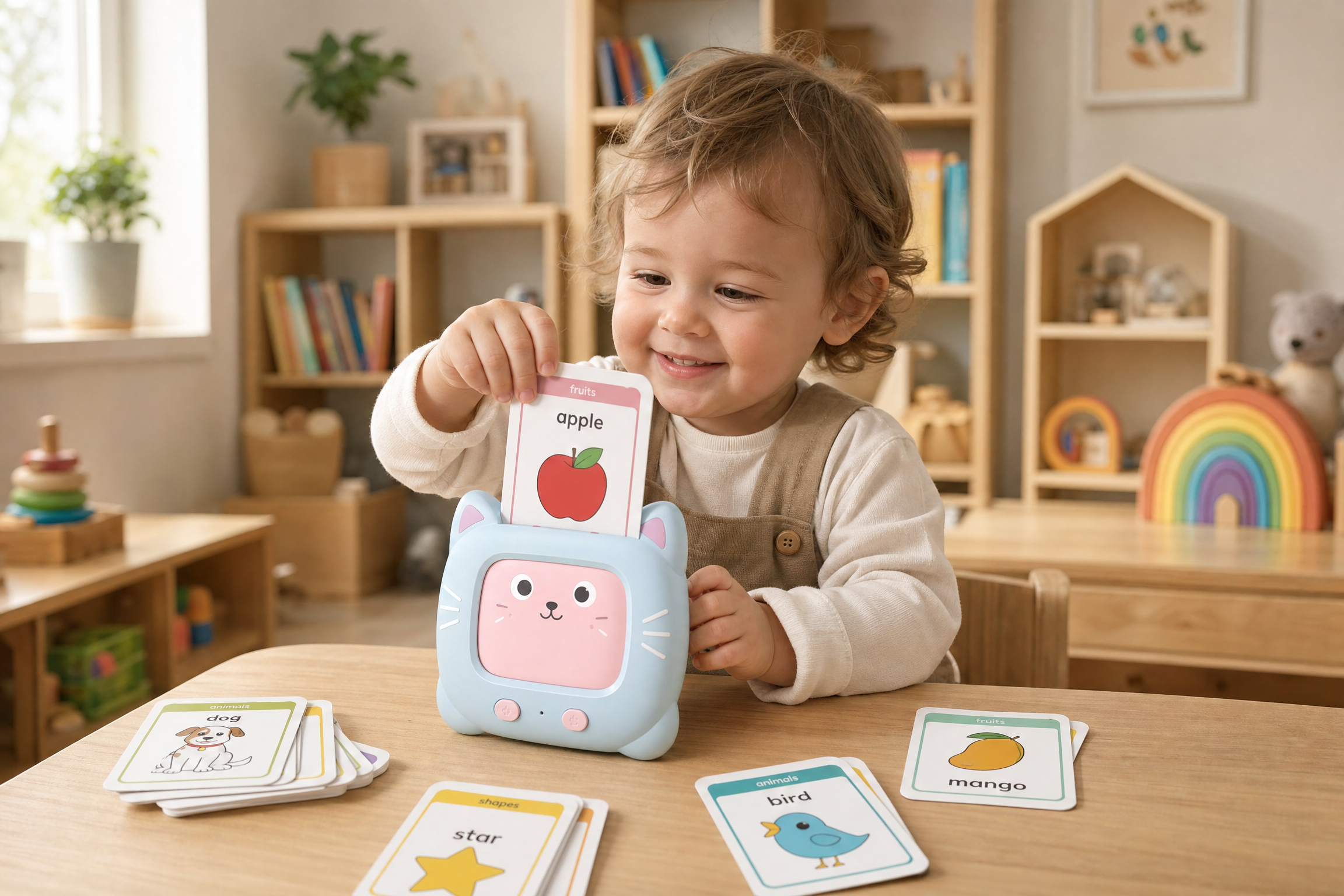 Toddler playing with a premium talking flash card machine