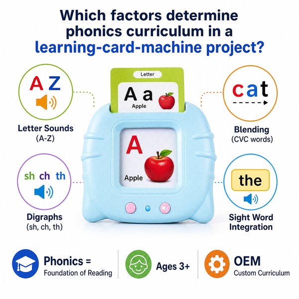Which factors determine phonics curriculum in a learning-card-machine project?