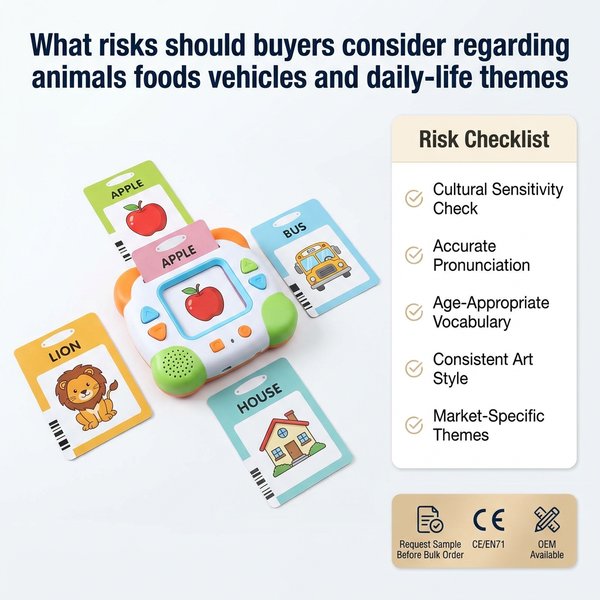 What risks should buyers consider regarding animals foods vehicles and daily-life themes?