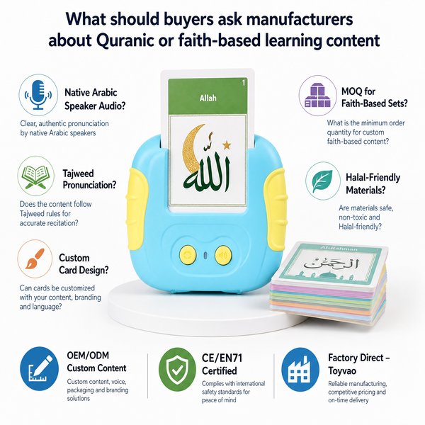 What should buyers ask manufacturers about Quranic or faith-based learning content?