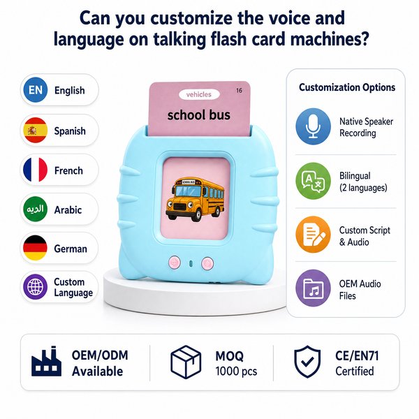 Can you customize the voice and language on talking flash card machines?