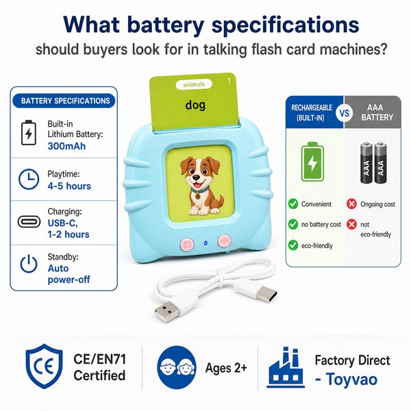 What battery specifications should buyers look for in talking flash card machines?