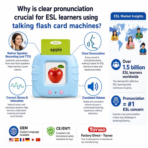 Why is clear pronunciation crucial for ESL learners using talking flash card machines?