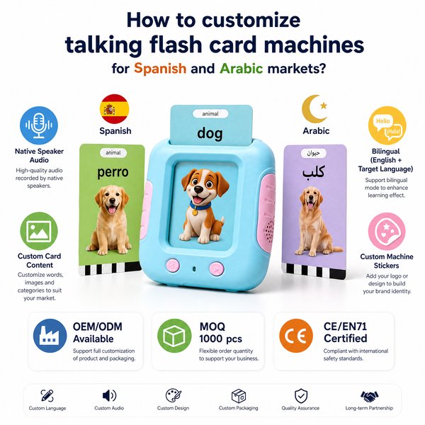 How to customize talking flash card machines for Spanish and Arabic markets?