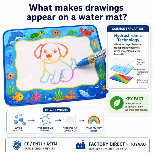 What makes drawings appear on a water mat?
