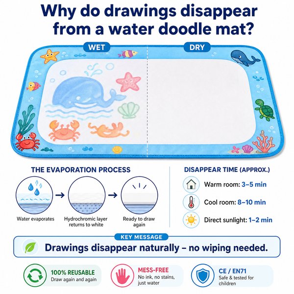 Why do drawings disappear from a water doodle mat?