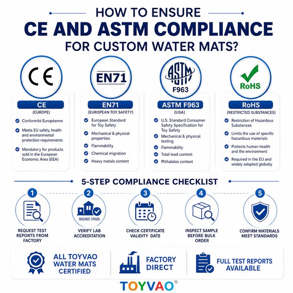 How to ensure CE and ASTM compliance for custom water mats?