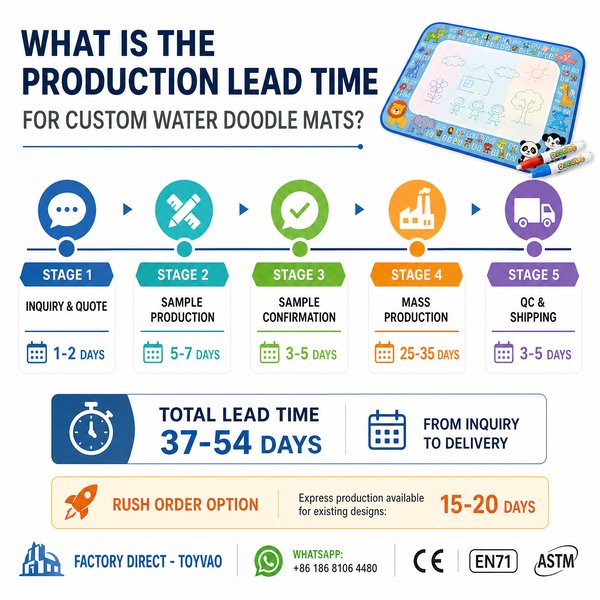 What is the production lead time for custom water doodle mats?
