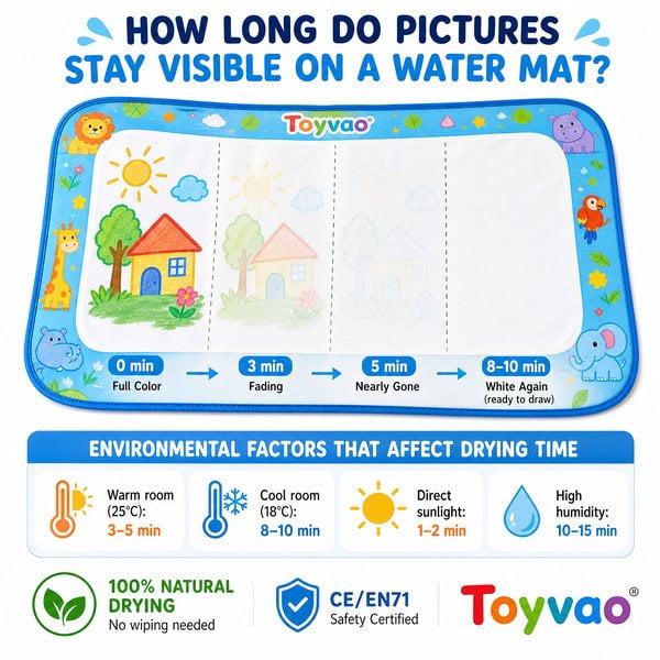 How long do pictures stay visible on a water mat?