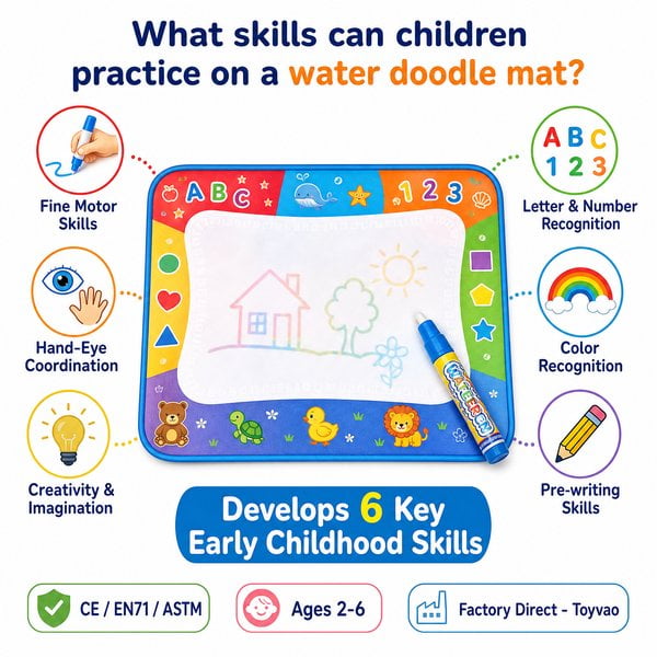 What skills can children practice on a water doodle mat?