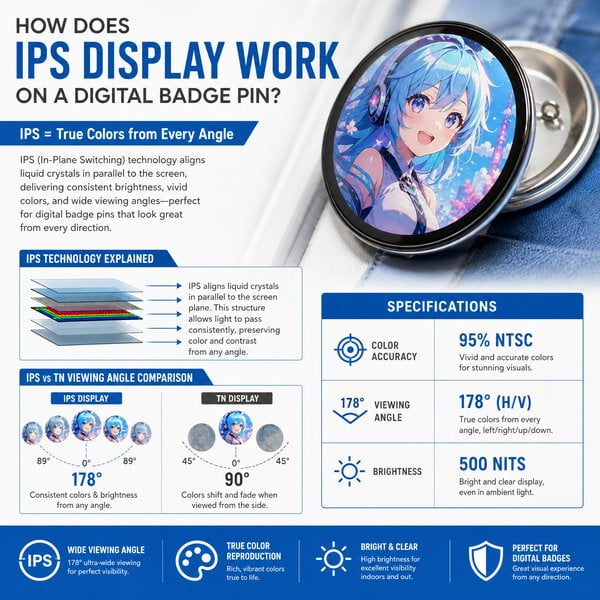 How does IPS display work on a digital badge pin?