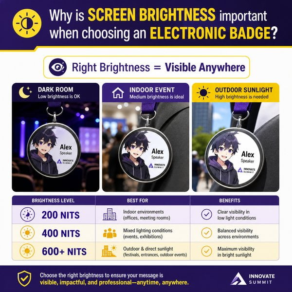 Why is screen brightness important when choosing an electronic badge?
