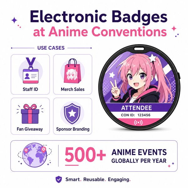 How can anime conventions use electronic badges for marketing?