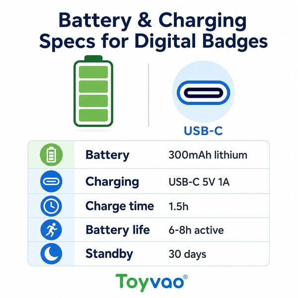 What battery and charging specs matter for digital badges?