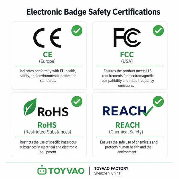 Are electronic badges safe? CE, FCC, and RoHS compliance explained