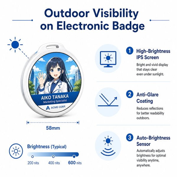How do you set up outdoor visibility on an electronic badge?