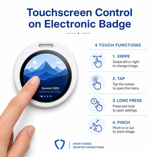 How does touchscreen control affect electronic badge performance?