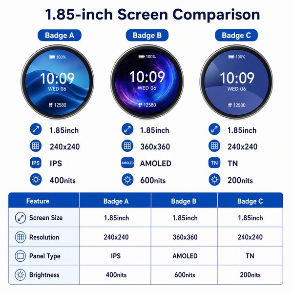 How do you compare 1.85-inch screen across electronic badges?