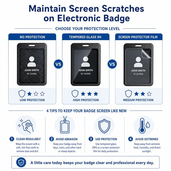 How do you maintain screen scratches on an electronic badge?
