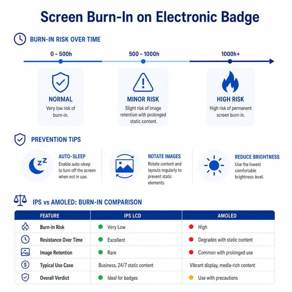How long does screen burn-in last on an electronic badge?