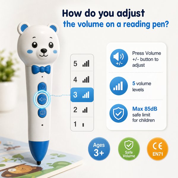 How do you adjust the volume on a reading pen?