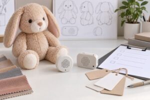 Illustrative concept of talking plush recording-module sourcing and RFQ planning, not a confirmed Toyvao SKU.